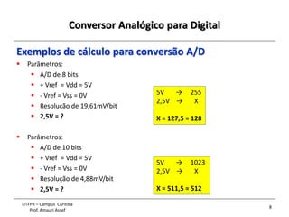 Conversor Analógico para Digital
8
UTFPR – Campus Curitiba
Prof. Amauri Assef
Exemplos de cálculo para conversão A/D
 Parâmetros:
 A/D de 8 bits
 + Vref = Vdd = 5V
 - Vref = Vss = 0V
 Resolução de 19,61mV/bit
 2,5V = ?
 Parâmetros:
 A/D de 10 bits
 + Vref = Vdd = 5V
 - Vref = Vss = 0V
 Resolução de 4,88mV/bit
 2,5V = ?
5V → 255
2,5V → X
X = 127,5 ≈ 128
5V → 1023
2,5V → X
X = 511,5 ≈ 512
 