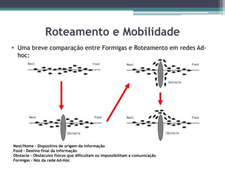 Nest/Home – Dispositivo de origem da informação
Food – Destino final da informação
Obstacle – Obstáculos físicos que dificultam ou impossibilitam a comunicação
Formigas – Nós da rede Ad-Hoc
Roteamento e Mobilidade
 Uma breve comparação entre Formigas e Roteamento em redes Ad-
hoc:
 