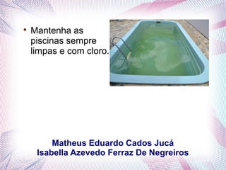 Matheus Eduardo Cados Jucá
Isabella Azevedo Ferraz De Negreiros

Mantenha as
piscinas sempre
limpas e com cloro.
 