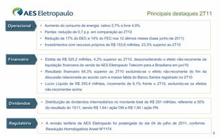 Principais destaques 2T11

Operacional
Operacional   • Aumento do consumo de energia: cativo 2,7% e livre 4,9%
              • Perdas: redução de 0,7 p.p. em comparação ao 2T10
              • Redução de 17% do DEC e 14% do FEC nos 12 últimos meses (base junho de 2011)
              • Investimentos com recursos próprios de R$ 153,6 milhões, 23,3% superior ao 2T10



Financeiro
Financeiro    • Ebitda de R$ 525,2 milhões, 4,2% superior ao 2T10, desconsiderando o efeito não-recorrente da
                liquidação financeira da venda da AES Eletropaulo Telecom para a Brasiliana em jun/10
              • Resultado financeiro 64,3% superior ao 2T10 excluindo-se o efeito não-recorrente do fim da
                discussão relacionada ao acordo com a massa falida do Banco Santos registrado no 2T10
              • Lucro Líquido de R$ 255,4 milhões, incremento de 6,1% frente o 2T10, excluindo-se os efeitos
                não-recorrentes acima


Dividendos    • Distribuição de dividendos intermediários no montante total de R$ 291 milhões, referente a 50%
Dividendos
                do resultado do 1S11, sendo R$ 1,64 / ação ON e R$ 1,80 / ação PN



Regulatório
Regulatório   • A revisão tarifária da AES Eletropaulo foi postergada do dia 04 de julho de 2011, conforme
                 Resolução Homologatória Aneel Nº1174
                                                                                                                 2
 