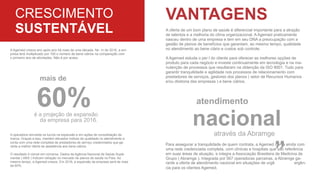 CRESCIMENTO
SUSTENTÁVEL
A Agemed cresce ano após ano há mais de uma década. No m de 2016, a em-
presa terá multiplicado por 100 o número de bene ciários na comparação com
o primeiro ano de atividades. Não é por acaso.
mais de
60%é a projeção de expansão
da empresa para 2016.
A operadora reinveste os lucros na expansão e em ações de consolidação da
marca. Graças a isso, mantém elevados índices de qualidade no atendimento e
conta com uma rede completa de prestadores de serviço credenciados que ga-
rante a melhor oferta de assistência aos bene ciários.
O resultado é visível em números. Dados da Agência Nacional de Saúde Suple-
mentar ( ANS ) indicam retração no mercado de planos de saúde no País. Ao
mesmo tempo, a Agemed cresce. Em 2016, a expansão da empresa será de mais
de 60%.
VANTAGENS
A oferta de um bom plano de saúde é diferencial importante para a atração
de talentos e a melhoria do clima organizacional. A Agemed praticamente
nasceu dentro de uma empresa e tem em seu DNA a preocupação com a
gestão de planos de benefícios que garantam, ao mesmo tempo, qualidade
no atendimento ao bene ciário e custos sob controle.
A Agemed estuda o per l do cliente para oferecer as melhores opções de
produto para cada negócio e investe continuamente em tecnologia e na ma-
nutenção de processos que resultaram na obtenção da ISO 9001. Tudo para
garantir tranquilidade e agilidade nos processos de relacionamento com
prestadores de serviços, gestores dos planos ( setor de Recursos Humanos
e/ou diretoria das empresas ) e bene ciários.
atendimento
nacionalatravés da Abramge
Para assegurar a tranquilidade de quem contrata, a Agemed conta ainda com
uma rede credenciada completa, com clínicas e hospitais que são referência
em suas áreas de atuação, e integra a Associação Brasileira de Medicina de
Grupo ( Abramge ). Integrada por 567 operadoras parceiras, a Abramge ga-
rante a oferta de atendimento nacional em situações de urgê” ergên-
cia para os clientes Agemed.
 