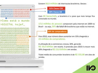 Existem 66,6 milhões de internautas brasileiros. Desses:

            52% Classe CDE
            48% Classe AB
Com 44 horas/mês, o brasileiro é o povo que mais tempo fica
conectado no mundo.

17,6 milhões de pessoas compraram pela internet em 2009 no
Brasil - ou seja, 26% do total de brasileiros que estão na internet.

           26% de compradores

Para 2010, esse número deve aumentar em 35% chegando a
23 milhões de compradores.

A utilização de e-commerces cresceu 30%, gerando
R$ 10,6 bilhões em receita. A previsão para 2010 é crescer mais
30% chegando a R$ 13,6 bilhões em vendas.

Ticket médio do consumidor brasileiro é de R$ 335,00 em sites de
vendas.
 