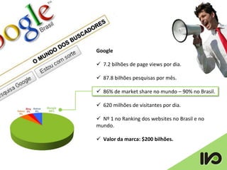 Google

 7.2 bilhões de page views por dia.

 87.8 bilhões pesquisas por mês.

 86% de market share no mundo – 90% no Brasil.

 620 milhões de visitantes por dia.

 Nº 1 no Ranking dos websites no Brasil e no
mundo.

 Valor da marca: $200 bilhões.
 