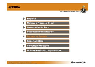 AGENDA



         Empresa
         Empresa

         Mercado e Presença Global
         Mercado e Presença Global

         Desempenho do Setor
         Desempenho do Setor
         Desempenho da Marcopolo
         Desempenho da Marcopolo

         Mercado de Capitais
         Mercado de Capitais

         Sustentabilidade
         Sustentabilidade

         Corporação Marcopolo
         Corporação Marcopolo

         Linha de Produtos // Lançamento G7
         Linha de Produtos Lançamento G7
 