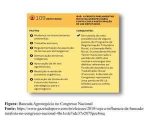 Figura: Bancada Agronegócio no Congresso Nacional
Fonte: https://www.gazetadopovo.com.br/eleicoes/2018/veja-a-influencia-da-bancada-
ruralista-no-congresso-nacional-4hs1cslz7sdc37o2875pzc4mq
 