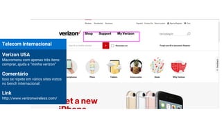 Telecom Internacional
Verizon USA
Macromenu com apenas três itens:
comprar, ajuda e “minha verizon”
Comentário
Isso se repete em vários sites vistos
no bench internacional.
Link
http://www.verizonwireless.com/
 
