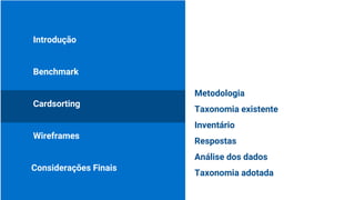 Introdução
Benchmark
Cardsorting
Considerações Finais
Wireframes
Metodologia
Taxonomia existente
Inventário
Respostas
Análise dos dados
Taxonomia adotada
 