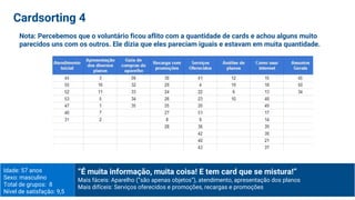 Idade: 57 anos
Sexo: masculino
Total de grupos: 8
Nível de satisfação: 9,5
“É muita informação, muita coisa! E tem card que se mistura!”
Mais fáceis: Aparelho (“são apenas objetos”), atendimento, apresentação dos planos
Mais difíceis: Serviços oferecidos e promoções, recargas e promoções
Cardsorting 4
Nota: Percebemos que o voluntário ficou aflito com a quantidade de cards e achou alguns muito
parecidos uns com os outros. Ele dizia que eles pareciam iguais e estavam em muita quantidade.
 