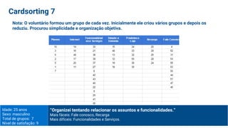 Idade: 25 anos
Sexo: masculino
Total de grupos: 7
Nível de satisfação: 9
“Organizei tentando relacionar os assuntos e funcionalidades.”
Mais fáceis: Fale conosco, Recarga
Mais difíceis: Funcionalidades e Serviços.
Cardsorting 7
Nota: O voluntário formou um grupo de cada vez. Inicialmente ele criou vários grupos e depois os
reduziu. Procurou simplicidade e organização objetiva.
 