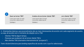 4 - Orientações básicas, que possivelmente são as mais interessantes de acordo com cada segmento de usuário,
ou seja, de acordo com o momento de relação com a TIM:
- Clientes TIM há algum tempo;
- Pessoas que acabaram de se tornar cliente TIM e
- Não clientes TIM (chamados internamente de “prospects”).
Texto clicável direciona para landing específica de acordo com o que for selecionado.
4
 