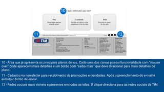 10 - Área que já apresenta os principais planos de voz. Cada uma das caixas possui funcionalidade com “mouse
over” onde aparecem mais detalhes e um botão com “saiba mais” que deve direcionar para mais detalhes do
plano.
11 - Cadastro no newsletter para recebimento de promoções e novidades. Após o preenchimento do e-mail é
exibido o botão de enviar.
12 - Redes sociais mais visíveis e presentes em todas as telas. O clique direciona para as redes sociais da TIM.
1211
10
 