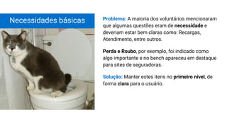 Necessidades básicas Problema: A maioria dos voluntários mencionaram
que algumas questões eram de necessidade e
deveriam estar bem claras como: Recargas,
Atendimento, entre outros.
Perda e Roubo, por exemplo, foi indicado como
algo importante e no bench apareceu em destaque
para sites de seguradoras.
Solução: Manter estes itens no primeiro nível, de
forma clara para o usuário.
 