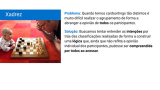 Problema: Quando temos cardsortings tão distintos é
muito difícil realizar o agrupamento de forma a
abranger a opinião de todos os participantes.
Solução: Buscamos tentar entender as intenções por
trás das classificações realizadas de forma a construir
uma lógica que, ainda que não reflita a opinião
individual dos participantes, pudesse ser compreendida
por todos ao acessar.
Xadrez
 