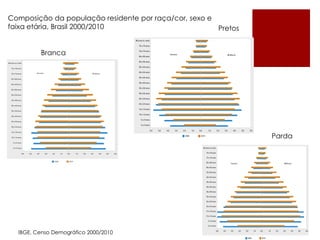 Composição da população residente por raça/cor, sexo e
faixa etária, Brasil 2000/2010
Pretos
Branca

Parda

IBGE, Censo Demográfico 2000/2010

 