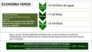 • Reflorestamento;
• Valorização económica dos bens
naturais;
Será que as empresas que trabalham
nessas áreas pagam o real valor da
água que utilizam?
DIVERSIFICAÇÃO DA MATRIZ ENERGÉTICA GLOBAL
O 5º relatório do IPCC (Painel Intergovernamental para Mudanças climáticas – 1988 – Genebra)
desafia a busca por energias alternativas (renováveis).
ECONOMIA VERDE
Água ( recurso natural) é defendida pela ONU como um bem de todos e não pode ser
mercantilizado, mas o RIO-20 colocou o desafio da valorização económica dos recursos para
gerir os recursos.
Criação
do boi
• 5 mil litros de agua
Obras
• 7 mil litros
Plantaç
ão
• 3 mil litros
 