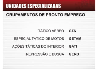 UNIDADES ESPECIALIZADAS
GTA
GETAM
GATI
GERB
GRUPAMENTOS DE PRONTO EMPREGO
TÁTICO AÉREO
ESPECIAL TÁTICO DE MOTOS
AÇÕES TÁTICAS DO INTERIOR
REPRESSÃO E BUSCA
 