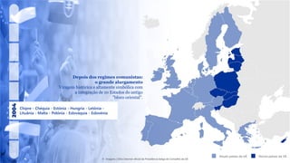 Chipre - Chéquia - Estónia - Hungria - Letónia -
Lituânia - Malta - Polónia - Eslováquia - Eslovénia
Atuais países da UE Novos países da UE
Depois dos regimes comunistas:
o grande alargamento
Viragem histórica e altamente simbólica com
a integração de 10 Estados do antigo
"bloco oriental".
© Imagens | Sítio internet oficial da Presidência belga do Conselho da UE
 