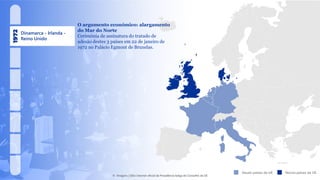 Dinamarca - Irlanda -
Reino Unido
Atuais países da UE Novos países da UE
O argumento económico: alargamento
do Mar do Norte
Cerimónia de assinatura do tratado de
adesão destes 3 países em 22 de janeiro de
1972 no Palácio Egmont de Bruxelas.
© Imagens | Sítio internet oficial da Presidência belga do Conselho da UE
 