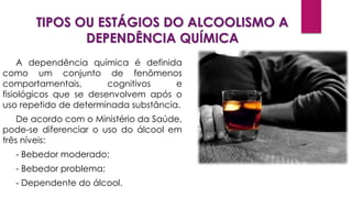 TIPOS OU ESTÁGIOS DO ALCOOLISMO A
DEPENDÊNCIA QUÍMICA
A dependência química é definida
como um conjunto de fenômenos
comportamentais, cognitivos e
fisiológicos que se desenvolvem após o
uso repetido de determinada substância.
De acordo com o Ministério da Saúde,
pode-se diferenciar o uso do álcool em
três níveis:
- Bebedor moderado;
- Bebedor problema;
- Dependente do álcool.
 