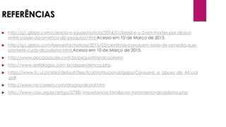 REFERÊNCIAS
 http://g1.globo.com/ciencia-e-saude/noticia/2014/01/brasil-e-o-5-em-mortes-por-alcool-
entre-paises-da-america-diz-pesquisa.html Acesso em 10 de Março de 2015.
 http://g1.globo.com/bemestar/noticia/2015/03/cientistas-concluem-teste-de-remedio-que-
promete-curar-alcoolismo.html Acesso em 10 de Março de 2015.
 http://www.abcdasaude.com.br/psiquiatria/alcoolismo
 http://www.antidrogas.com.br/dependencia.php
 https://www.fc.ul.pt/sites/default/files/fcul/institucional/gapsi/Consumo_e_abuso_de_Alcool
.pdf
 http://www.mccorreia.com/drogas/alcool.htm
 http://www.cisa.org.br/artigo/2758/-importancia-familia-no-tratamento-alcoolismo.php
 
