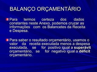 BALANÇO ORÇAMENTÁRIO Para  termos  certeza  dos  dados constantes neste Anexo, podemos cruzar as  informações  com  os Balancetes da Receita  e Despesa. Para saber o resultado orçamentário, usamos o valor  da  receita executada menos a despesa executada,  se  for  positivo igual a  superávit  orçamentário,  se  for  negativo igual a  déficit  orçamentário. 