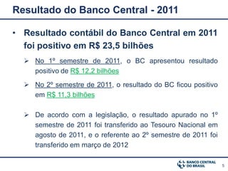 Resultado do Banco Central - 2011

• Resultado contábil do Banco Central em 2011
  foi positivo em R$ 23,5 bilhões
   No 1º semestre de 2011, o BC apresentou resultado
    positivo de R$ 12,2 bilhões
   No 2º semestre de 2011, o resultado do BC ficou positivo
    em R$ 11,3 bilhões

   De acordo com a legislação, o resultado apurado no 1º
    semestre de 2011 foi transferido ao Tesouro Nacional em
    agosto de 2011, e o referente ao 2º semestre de 2011 foi
    transferido em março de 2012

                                                               5
 
