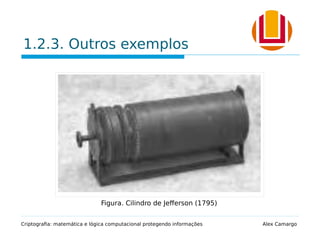 1.2.3. Outros exemplos
Criptografia: matemática e lógica computacional protegendo informações Alex Camargo
Figura. Cilindro de Jefferson (1795)
 