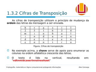 1.3.2 Cifras de Transposição
As cifras de transposição utilizam o princípio de mudança da
ordem das letras da mensagem a ser enviada.
 No exemplo acima, a chave serve de apoio para enumerar as
colunas na ordem alfabética crescente das letras.
 O texto é lido na vertical, resultando em:
"ndtnmidcaoerlnnoineohaet"
Criptografia: matemática e lógica computacional protegendo informações Alex Camargo
Figura. Cifras de transposição
 