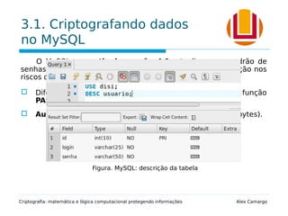3.1. Criptografando dados
no MySQL
O MySQL, a partir da versão 4.1, atualizou seu padrão de
senhas hash proporcionando uma melhor segurança e redução nos
riscos das senhas serem decifradas.
 Diferente formato dos valores de senha produzidos pela função
PASSWORD().
 Aumento no tamanho da string gerada (de 16 para 41 bytes).
Criptografia: matemática e lógica computacional protegendo informações Alex Camargo
Figura. MySQL: descrição da tabela
 