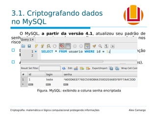 3.1. Criptografando dados
no MySQL
O MySQL, a partir da versão 4.1, atualizou seu padrão de
senhas hash proporcionando uma melhor segurança e redução nos
riscos das senhas serem decifradas.
 Diferente formato dos valores de senha produzidos pela função
PASSWORD().
 Aumento no tamanho da string gerada (de 16 para 41 bytes).
Criptografia: matemática e lógica computacional protegendo informações Alex Camargo
Figura. MySQL: exibindo a coluna senha encriptada
 