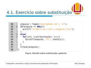 4.1. Exercício sobre substituição
Criptografia: matemática e lógica computacional protegendo informações Alex Camargo
Figura. Desafio sobre substituição: gabarito
 