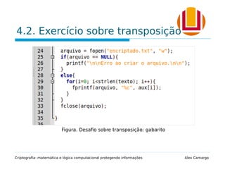 4.2. Exercício sobre transposição
Criptografia: matemática e lógica computacional protegendo informações Alex Camargo
Figura. Desafio sobre transposição: gabarito
 