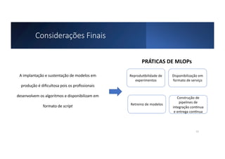 Considerações Finais
A implantação e sustentação de modelos em
produção é diﬁcultosa pois os proﬁssionais
desenvolvem os algoritmos e disponibilizam em
formato de script
Reprodu.bilidade de
experimentos
Disponibilização em
formato de serviço
Retreino de modelos
Construção de
pipelines de
integração con.nua
e entrega conLnua
PRÁTICAS DE MLOPs
13
 