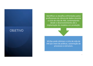 OBJETIVO
MLOps pode o2mizar o ciclo de vida de
AM por meio de prá2cas, automação de
processos e estrutura.
Iden2ﬁcar os desaﬁos enfrentados pelos
proﬁssionais de ciência de dados durante
o ciclo de vida de AM, contemplando
desde o desenvolvimento até a
implantação de modelos em produção.
4
 