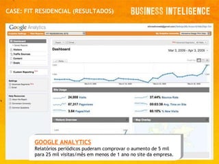 CASE: FIT RESIDENCIAL (RESULTADOS) GOOGLE ANALYTICS Relatórios periódicos puderam comprovar o aumento de 5 mil para 25 mil visitas/mês em menos de 1 ano no site da empresa. 