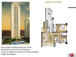 Alpha Garden




Torre Garden 4 apartamentos por andar .
Apartamento de 121m² 3 dormitórios
1 suíte ou opção de 2 suítes com Living ampliado.
2 Vagas de garagem
 
