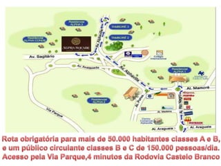Rota obrigatória para mais de 50.000 habitantes classes A e B, e um
público circulante classes B e C de 150.000 pessoas/dia. Acesso pela Via
Parque, 4 minutos da Rodovia Castelo Branco.
 