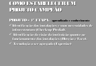 COMO ESTABELECER UM
PROJETO CAMPEÃO
PROJETO – 1ª ETAPA - aprendizado e conhecimento
 Identificação das instalações e suas necessidades de
  infra-estrutura (Check-up Predial).
 Identificação da visão da instituição quanto ao
  funcionamento das instalações (Direção e Foco).
 Tecnologia a ser agregada (Expertise)
 