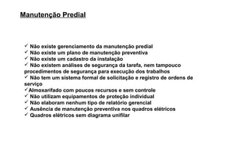 Manutenção Predial



  Não existe gerenciamento da manutenção predial
  Não existe um plano de manutenção preventiva
  Não existe um cadastro da instalação
  Não existem análises de segurança da tarefa, nem tampouco
 procedimentos de segurança para execução dos trabalhos
  Não tem um sistema formal de solicitação e registro de ordens de
 serviço
 Almoxarifado com poucos recursos e sem controle
  Não utilizam equipamentos de proteção individual
  Não elaboram nenhum tipo de relatório gerencial
  Ausência de manutenção preventiva nos quadros elétricos
  Quadros elétricos sem diagrama unifilar
 