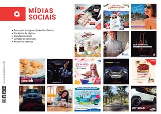 • Facebook, Instagram, LinkedIn e Twitter
• Curadoria de páginas
• Impulsionamento
• Geração de conteúdo
• Relatórios mensais
MÍDIAS
SOCIAIS
www.grupoalua.com.br
 