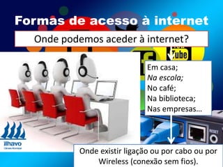 Formas de acesso à internet
Onde podemos aceder à internet?
Em casa;
Na escola;
No café;
Na biblioteca;
Nas empresas…
Onde existir ligação ou por cabo ou por
Wireless (conexão sem fios).
 