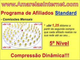 - Comissões Mensais u$d 1,25 u$d 1,25 u$d 1,25 u$d 1,25 *  u$d  1,25   dólares a partir da segunda compra que cada afiliado realize na sua rede até ao seu… 