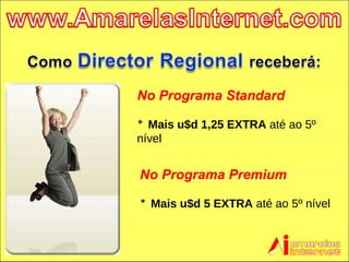 No Programa Standard *  Mais u$d 1,25 EXTRA  até ao 5º nível No Programa Premium *  Mais u$d 5 EXTRA  até ao 5º nível 