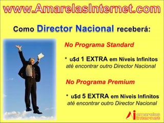 No Programa Standard *  u$d  1 EXTRA  em Níveis Infinitos  até encontrar outro Director Nacional No Programa Premium *  u$d  5 EXTRA  em Níveis Infinitos  até encontrar outro Director Nacional 