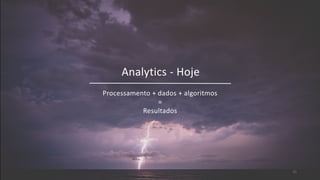 Analytics - Hoje
21
Processamento + dados + algoritmos
=
Resultados
 