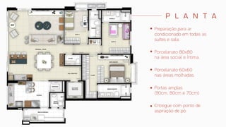 Preparação para ar
condicionado em todas as
suítes e sala.
Porcelanato 80x80
na área social e íntima.
Porcelanato 60x60
nas áreas molhadas.
Portas amplas
(90cm, 80cm e 70cm).
Entregue com ponto de
aspiração de pó.
P l a n t a
Corretora Clara
9971-1805
 