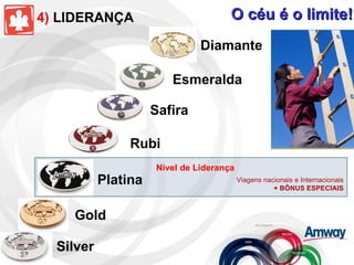Silver Gold Platina Rubi Safira Esmeralda Diamante Viagens nacionais e Internacionais + BÔNUS ESPECIAIS 4)  LIDERANÇA O céu é o limite! Nível de Liderança 