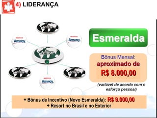 + Bônus de Incentivo (Novo Esmeralda):  R$ 9.000,00 + Resort no Brasil e no Exterior R$ 8.000,00 3)  LIDERANÇA 4)  LIDERANÇA 