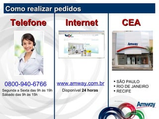 Como realizar pedidos Telefone Internet www.amway.com.br 0800-940-6766 Segunda a Sexta das 9h às 19h Sábado das 9h às 15h ...