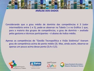 ANÁLISE DOS DADOS
Considerando que o grau médio de domínio das competências é 3 (valor
intermediário entre 1 e 5), pode-se observar na Tabela 1 e no Gráfico 1 que,
para a maioria dos grupos de competências, o grau de domínio – avaliado
pelos gestores e técnicos participantes – é abaixo do índice médio.
Apenas as competências de “Gestão Tecnopolítica e Visão Sistêmica” tiveram
grau de competência acima do ponto médio (3). Mas, ainda assim, observa-se
apenas um pouco acima desse ponto (3,4 e 3,5).
 